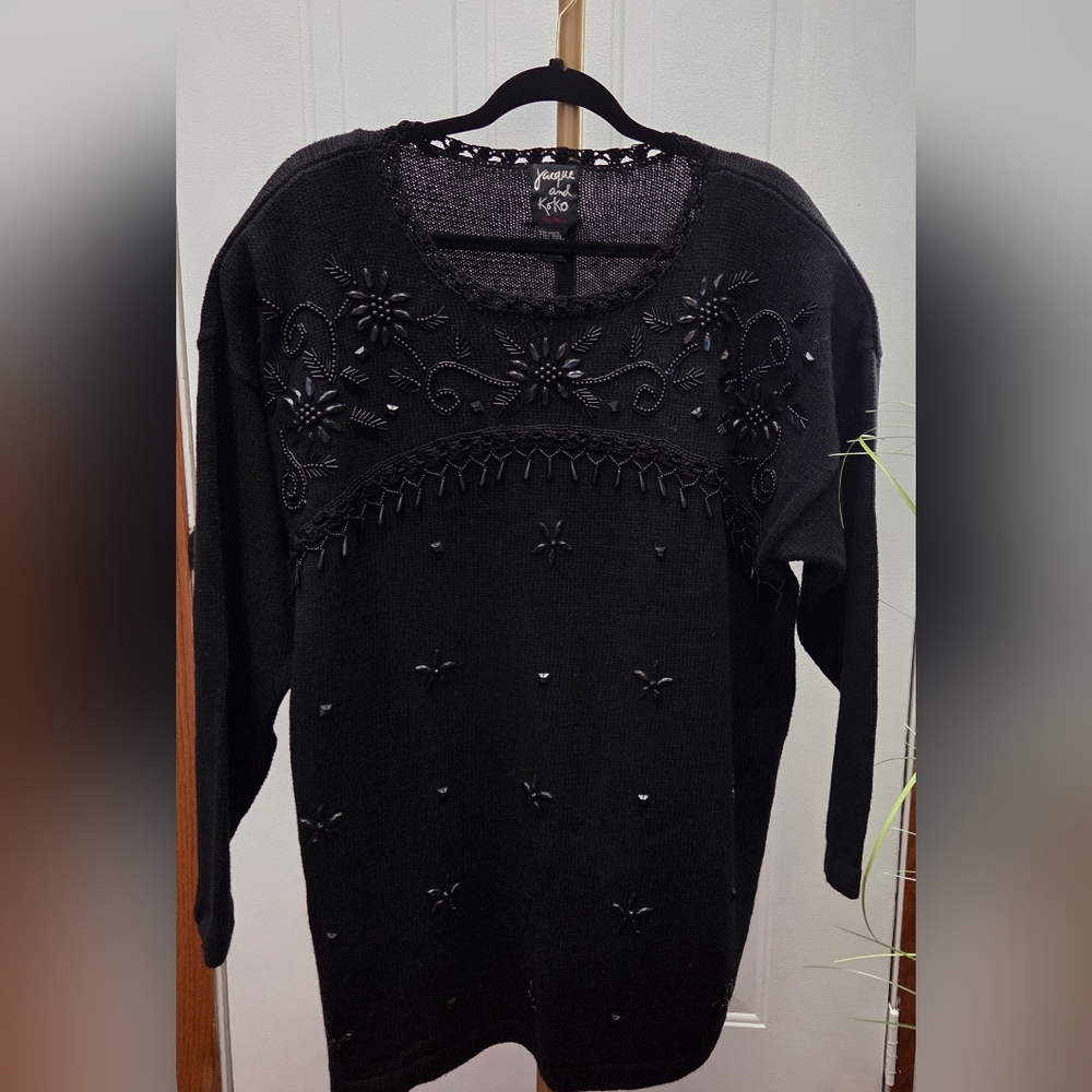 Vintage Elegant Black Women's Beaded Knit Tunic Sz 18-20